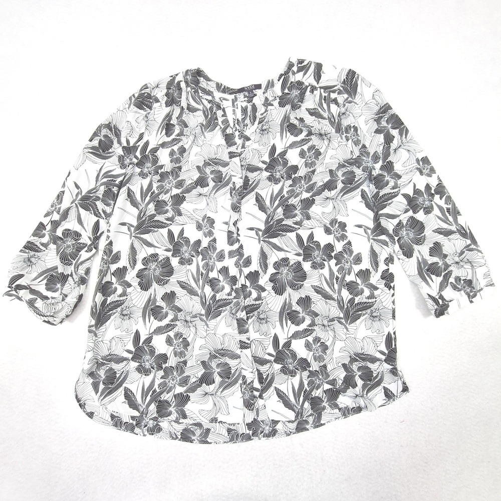 NYDJ Blouse Womens Large Black White Floral Hibiscus 3/4 Sleeve Split Neck Top
